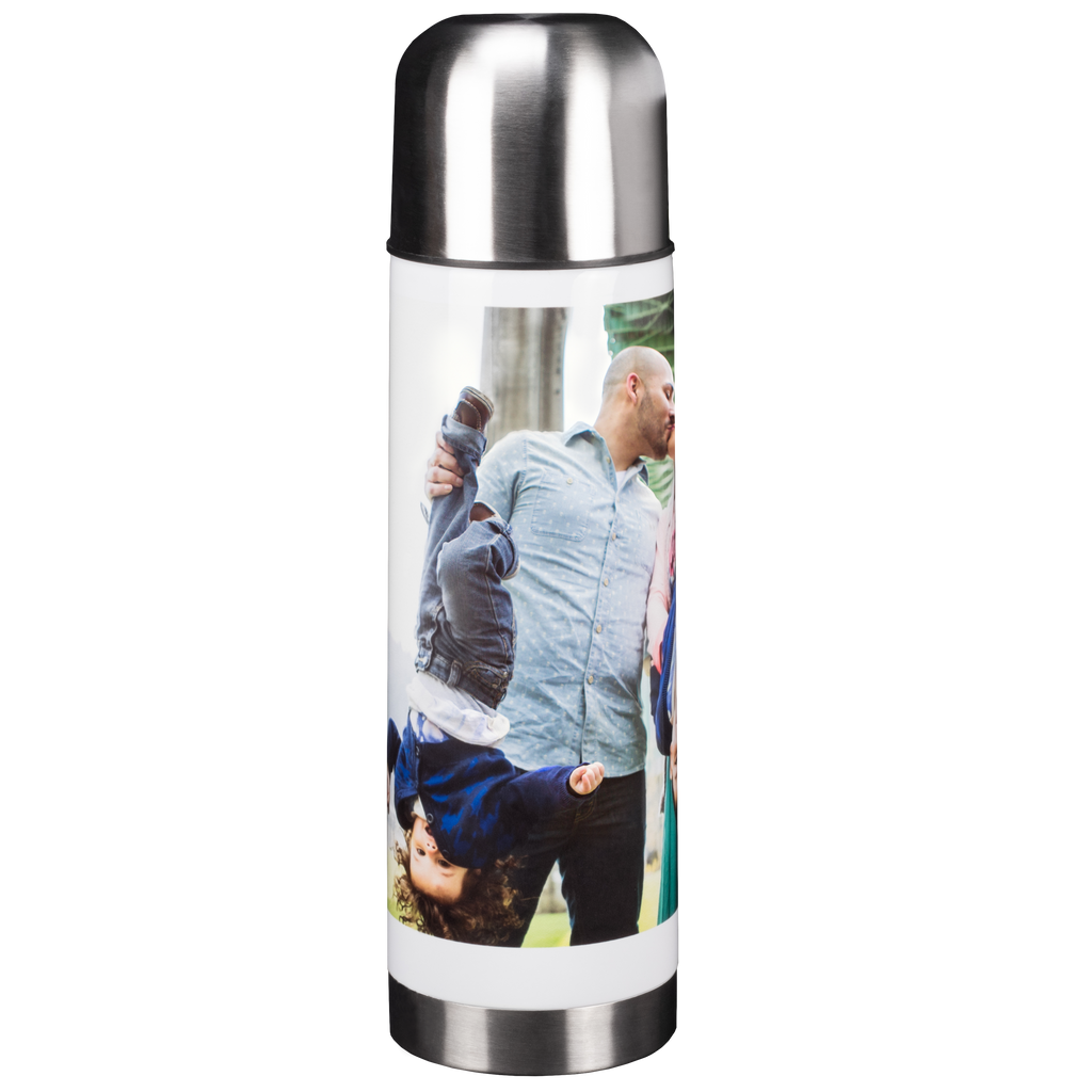 A personalized Custom Photo Thermos from Fuji Personalized Photo Products with a photo of a family.