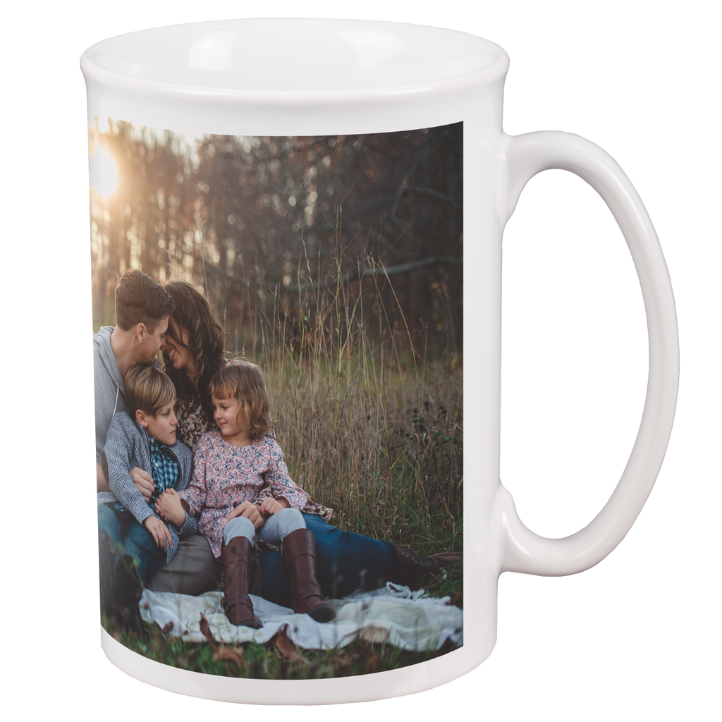 A family is sitting on a Fuji Personalized Photo Products Bistro Photo Mug.