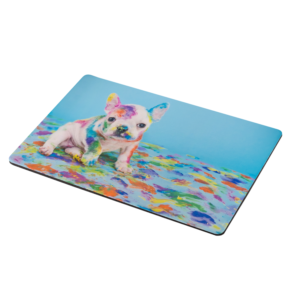 A colorful Fuji Personalized Photo Products pet mat made of neoprene with a picture of a French bulldog, keeping your house tidy.