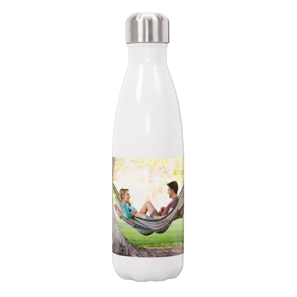 A Slim White Water Bottle from Fuji Personalized Photo Products with a photo of two people in a hammock.