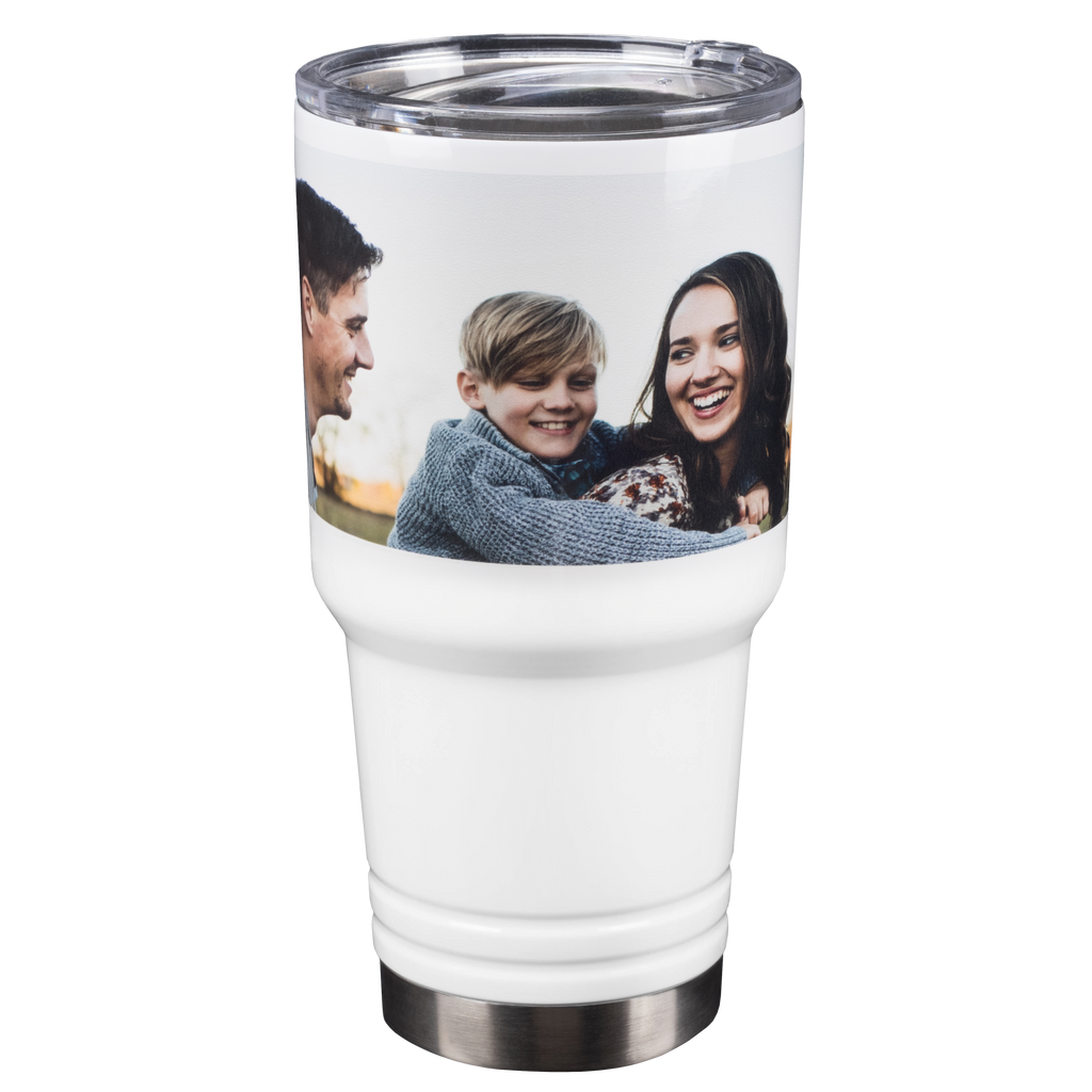 A personalized Custom Photo Double-Wall Tumbler with a photo of a smiling woman, child, and man wrapped in a blanket from Fuji Personalized Photo Products.