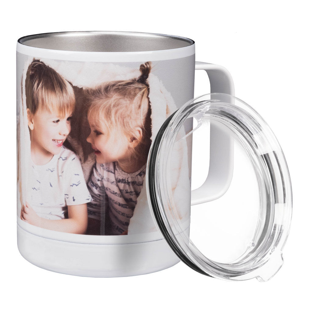A Insulated Stainless Steel Mug from Fuji Personalized Photo Products with a photo of two children in it.
