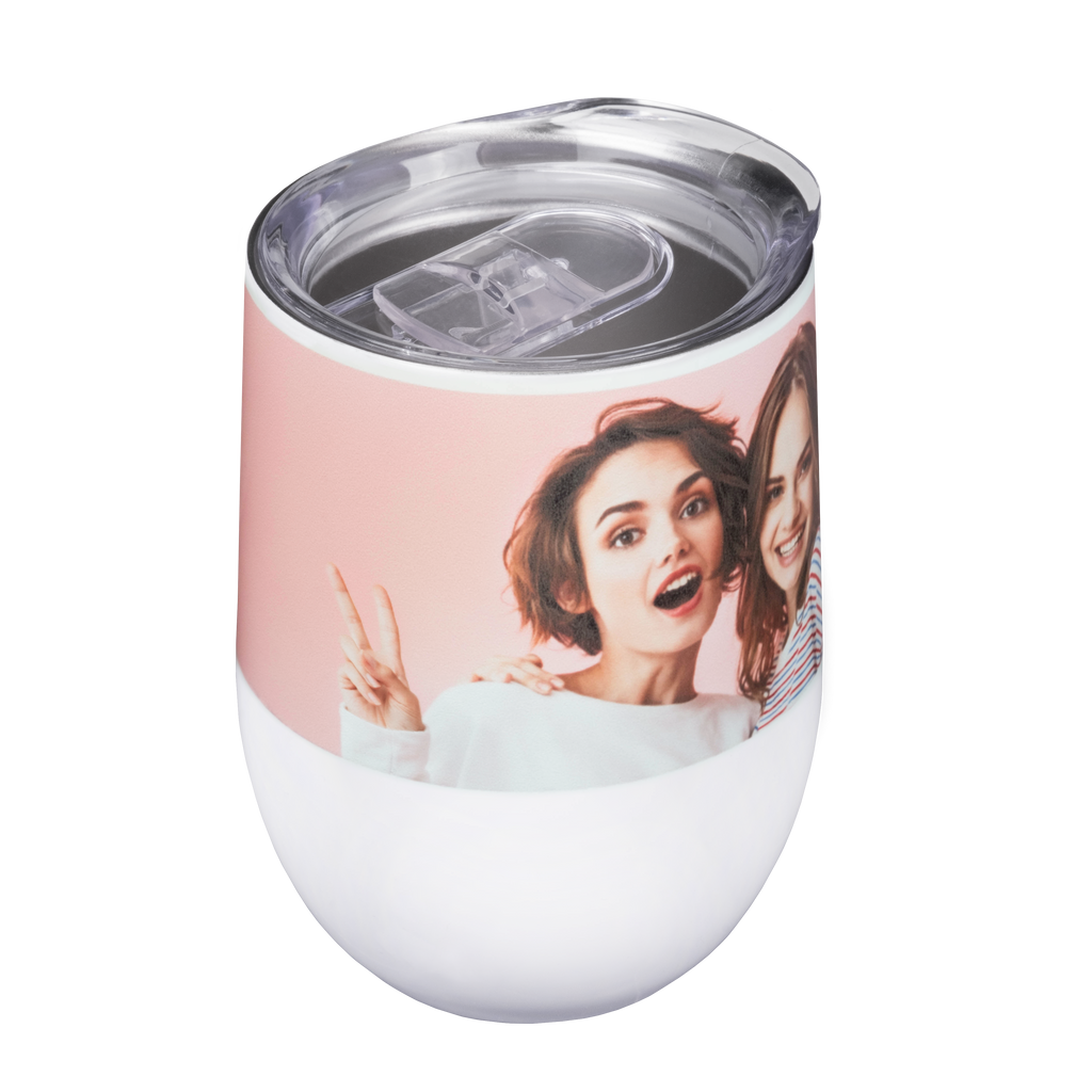 A Fuji Personalized Photo Products stemless wine tumbler 12 oz. with a photo of two girls on it.