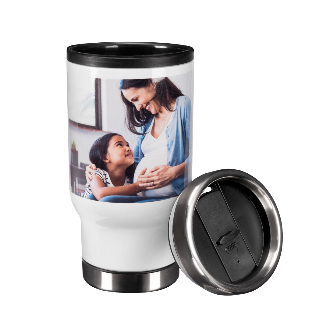 A Fuji Personalized Photo Products stainless steel tumbler travel mug with a photo of a woman and a child.