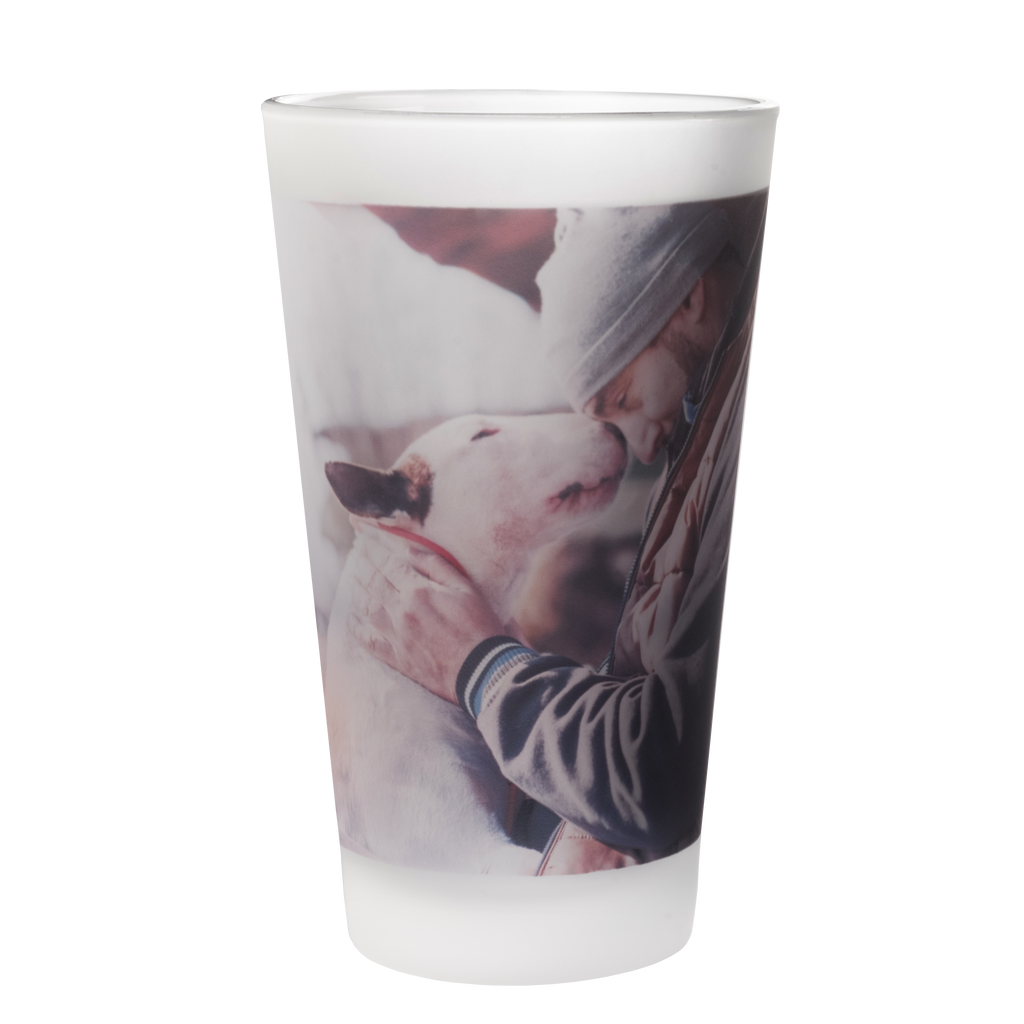 A Frosted Custom Photo Pint Glass, 16 oz. by Fuji Personalized Photo Products featuring an image of a person affectionately interacting with a dog, perfect as a Father's Day gift.