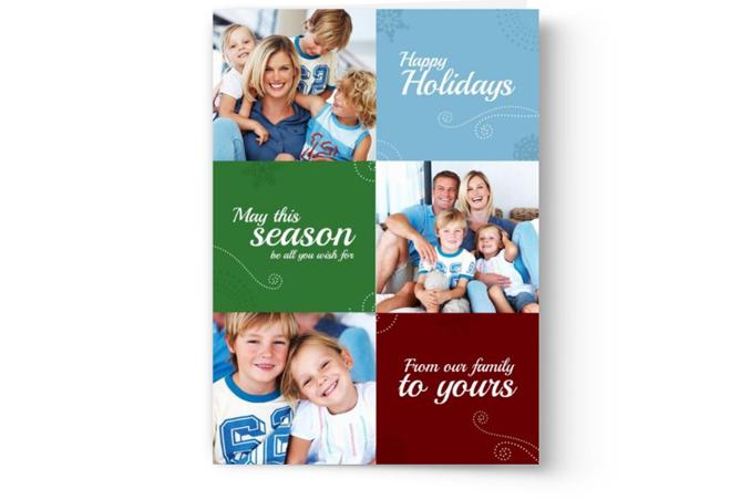 A Personalized Christmas card featuring a family with two adults and two children, with festive messages and designs can be created using the Custom Photo Christmas Card Printing service from Photo Book Press.