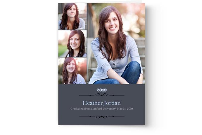 A Photo Book Press graduation announcement card with four photos of a young woman.