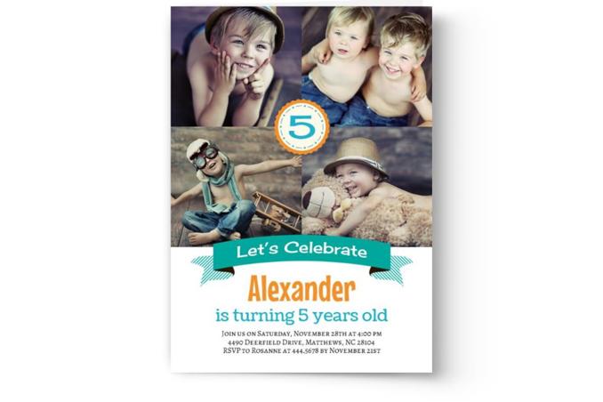 A birthday invitation template for Alexander's 5th birthday featuring photos of smiling children and themed decorations from Photo Book Press' Create & Print Kid's Photo Birthday Party Invitations | Custom Invitations.