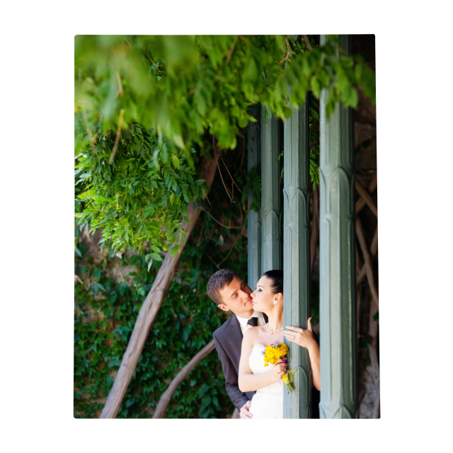 A bride and groom kissing under a trellis, captured in Fuji Personalized Photo Products Metal Prints.