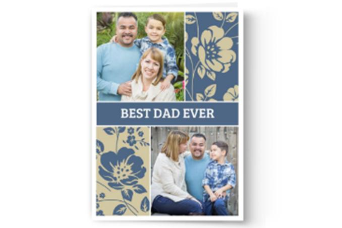 A custom printed Father's Day card featuring two photos of a smiling man with his family and the caption "best dad ever" from Photo Book Press' Create & Print Custom Photo Father's Day Cards.