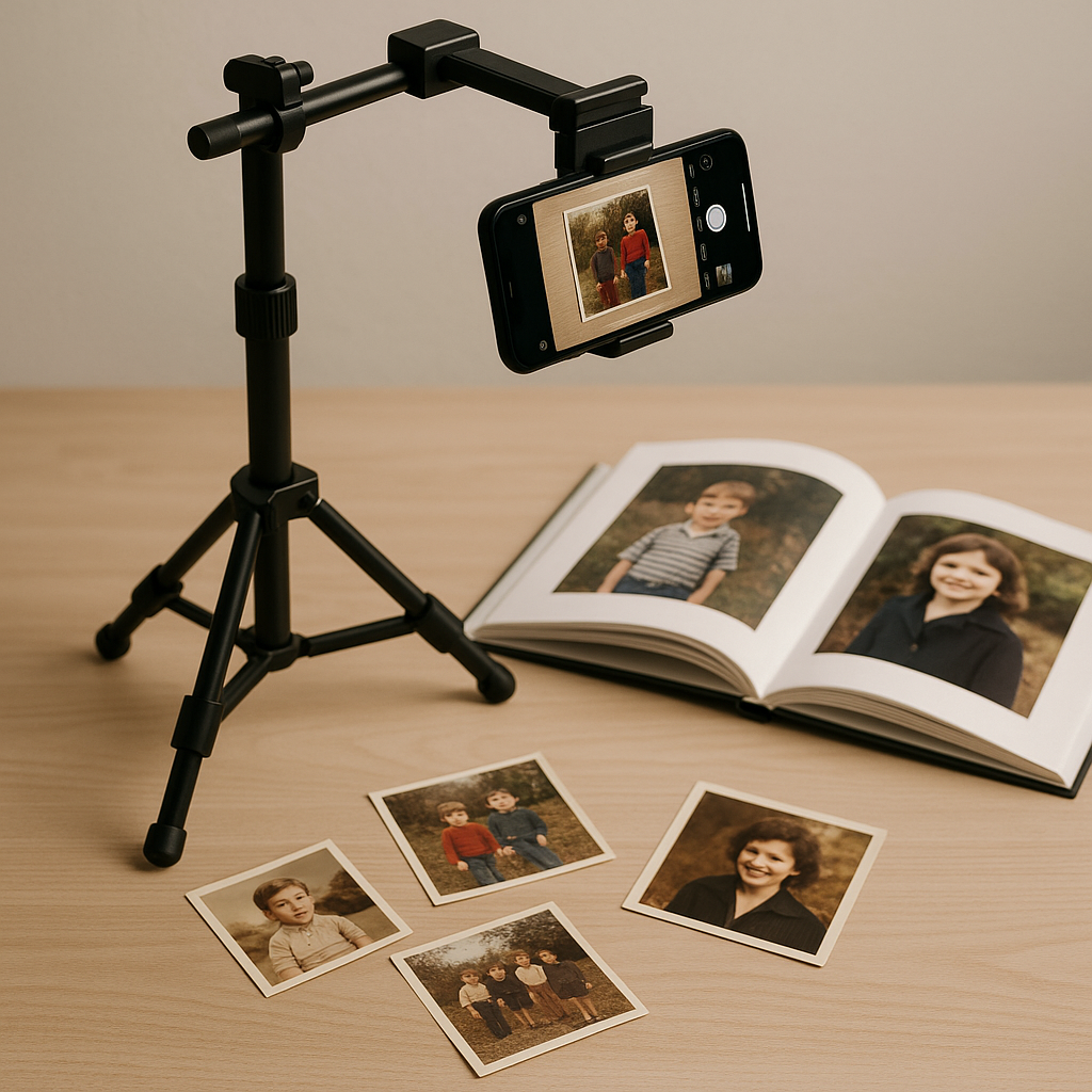 Unlock Your Archives: How to Digitally Scan Old Photos for Your Custom Photobook with an Overhead Tripod for Phone