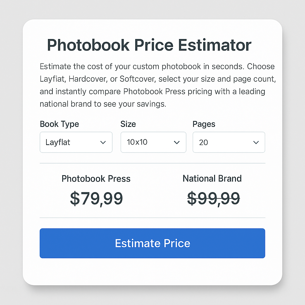 Photobook Price Estimator | Compare Layflat, Hardcover & Softcover Costs Instantly