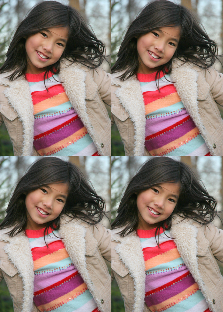 A young girl wearing a colorful striped shirt is captured in one of the photos printed on Fuji Personalized Photo Products Wallet Prints in the set.