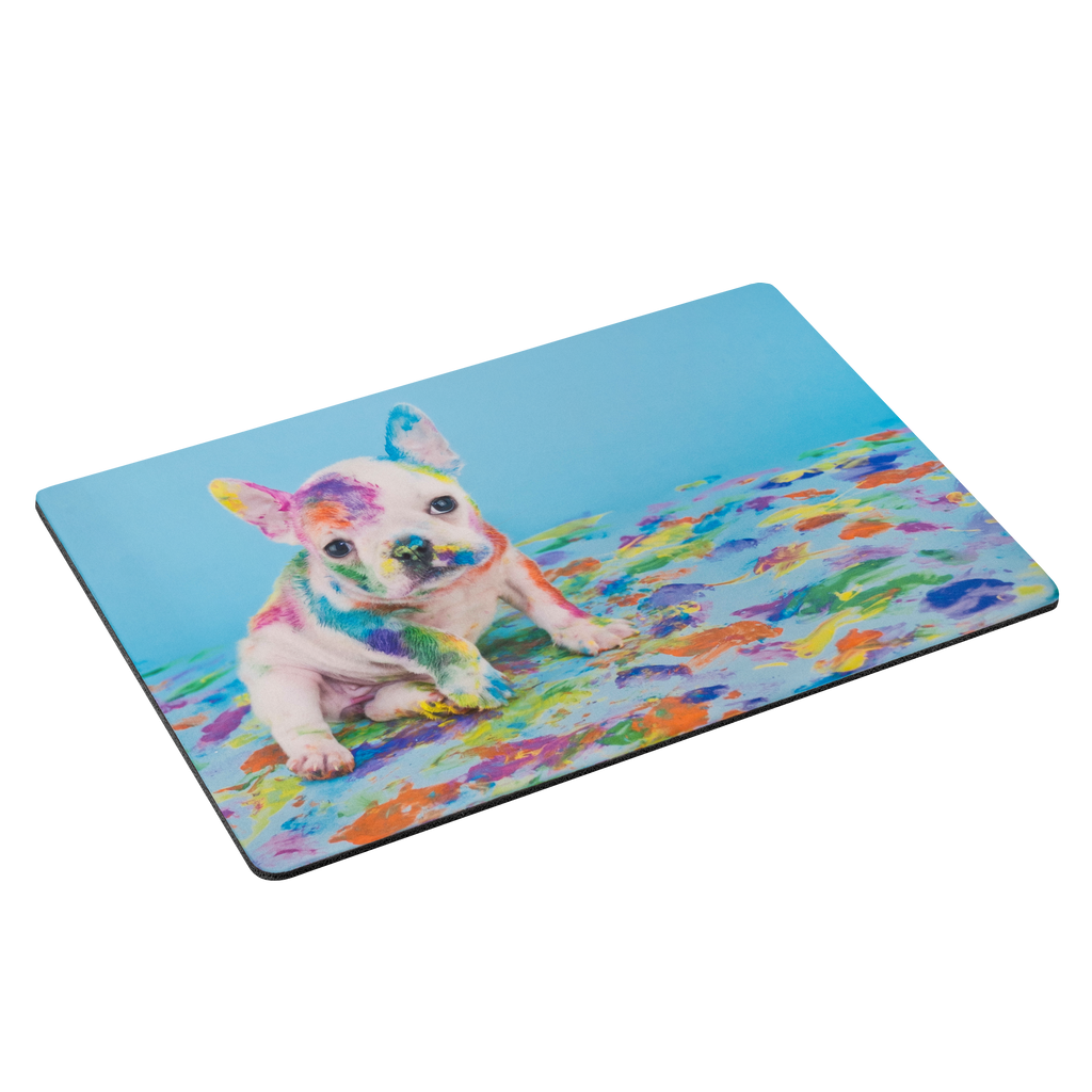 An image of a French bulldog on a neoprene Fuji Personalized Photo Products Pet Mat against a blue background.