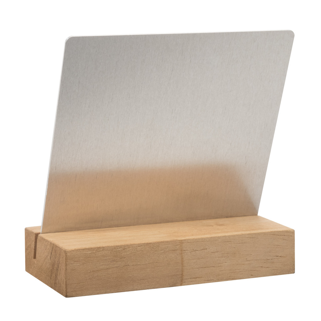 A long-lasting memories Metal Desk Print on a wooden stand from Fuji Personalized Photo Products.