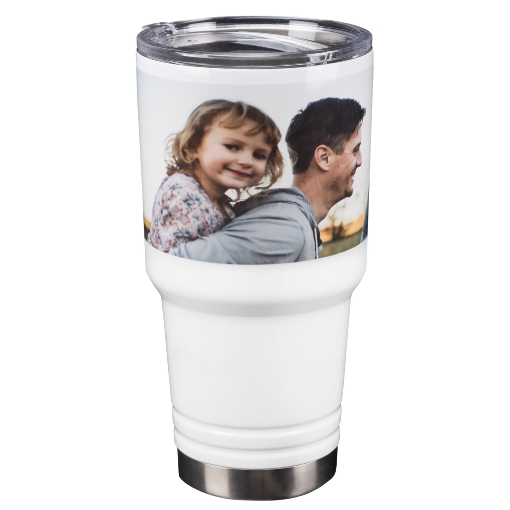 A 30 oz Custom Photo Double-Wall Tumbler with a photo of a smiling child and an adult printed on it from Fuji Personalized Photo Products.