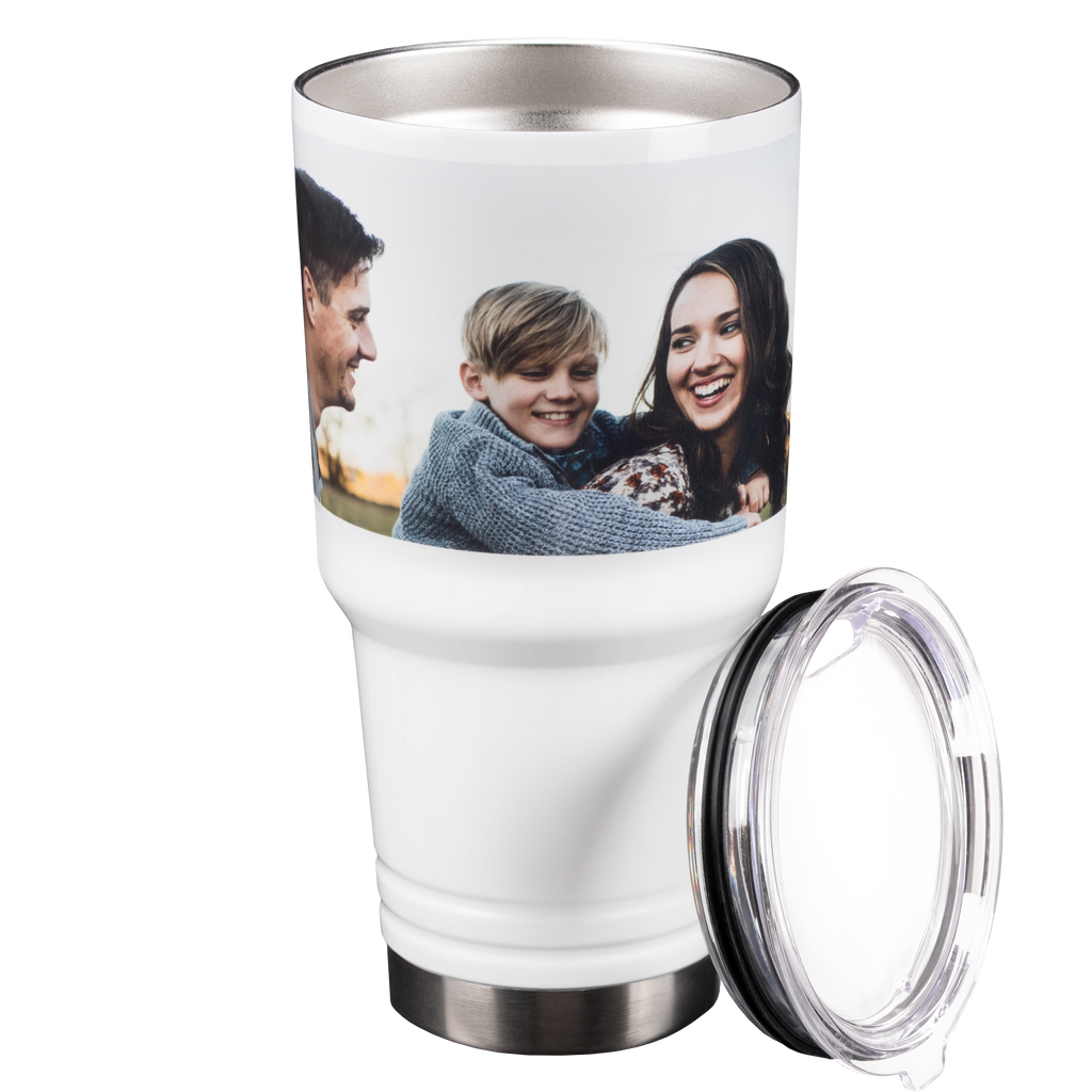 Insulated custom photo double-wall tumbler with a photo of a smiling family printed on it from Fuji Personalized Photo Products.
