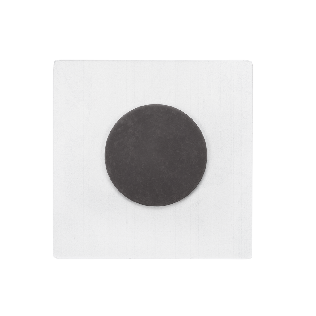 A black circle centered on a white square background, forming a Fuji Personalized Photo Products Acrylic Square Photo Magnet for the refrigerator.