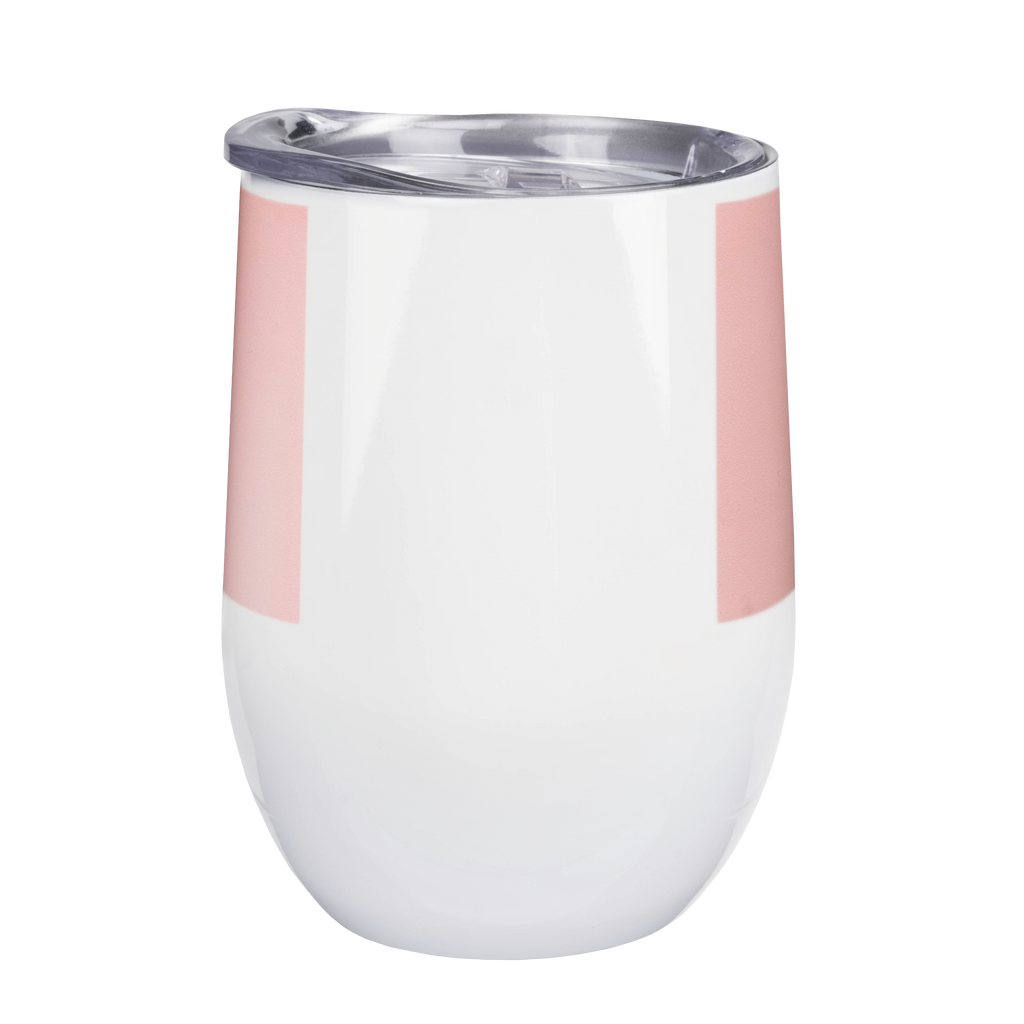 A Fuji Personalized Photo Products Stemless Wine Tumbler 12 oz. with a splash-proof lid and a pink stripe.