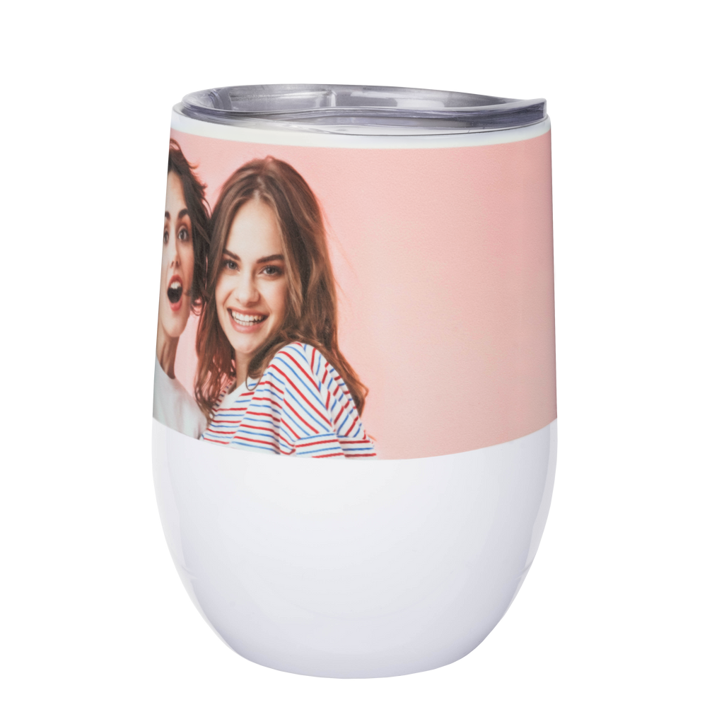 A Fuji Personalized Photo Products stainless steel, insulated Stemless Wine Tumbler 12 oz. with two women's faces on it.
