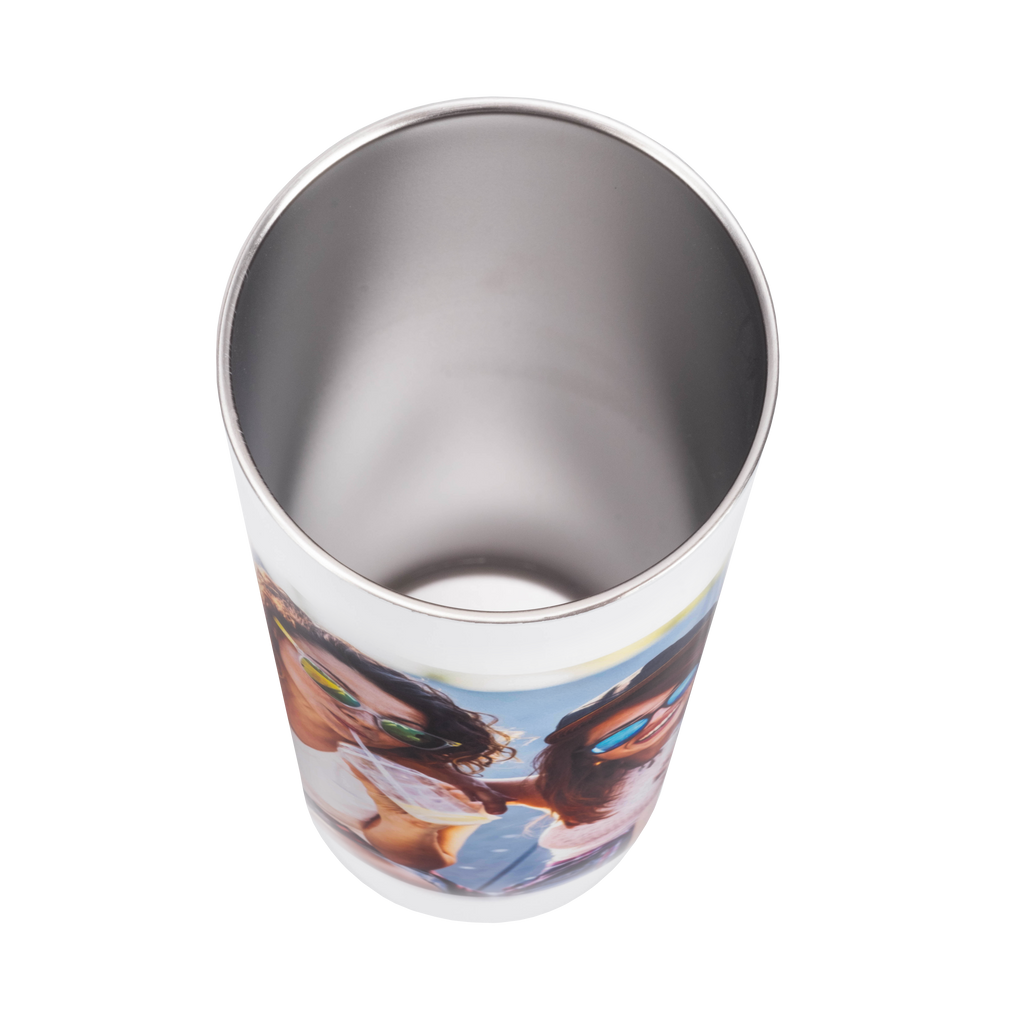 A 20oz stainless steel Fuji Personalized Photo Products tumbler with a picture of two people.