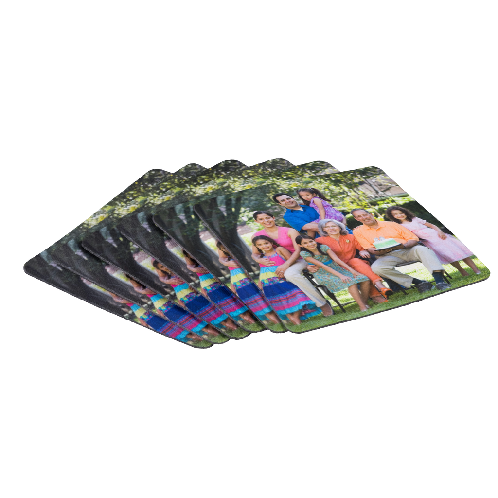 A set of Fuji Personalized Photo Products Soft Rubber Coasters on a white background.