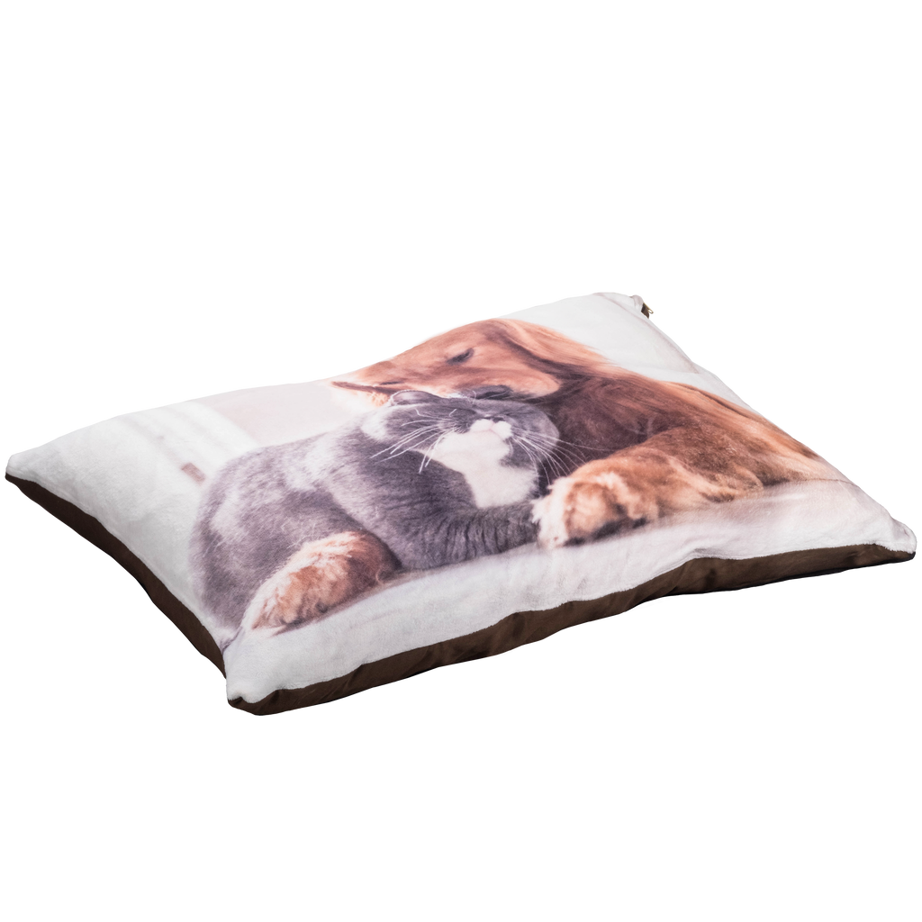 A customized pillow with a photo of a cat and dog on it, ideal for use as a Fuji Personalized Photo Products pet bed.