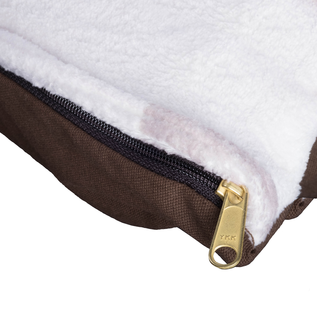 A brown and white zippered pouch with a gold zipper designed to customize with your favorite photo from Fuji Personalized Photo Products.