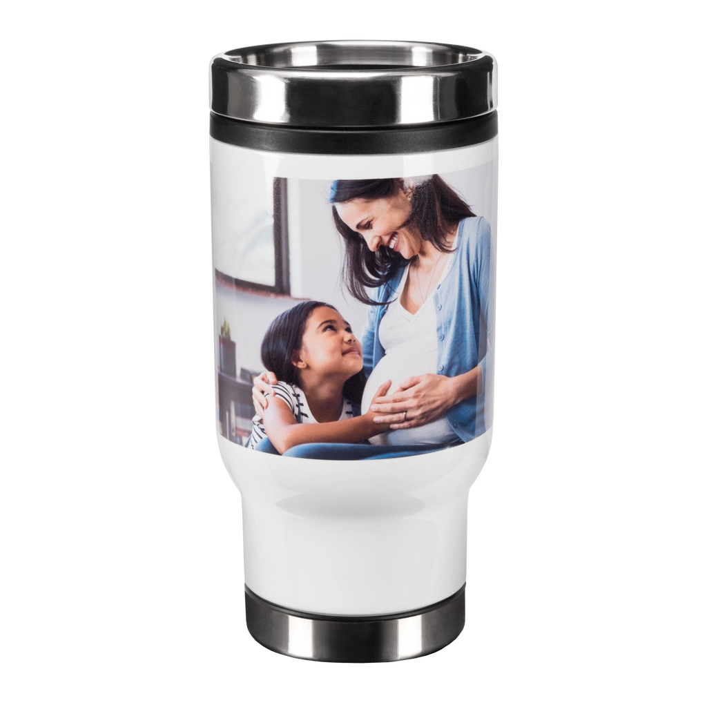 A Fuji Personalized Photo Products stainless steel tumbler featuring a photo of a woman and a child with a spill-proof top.
