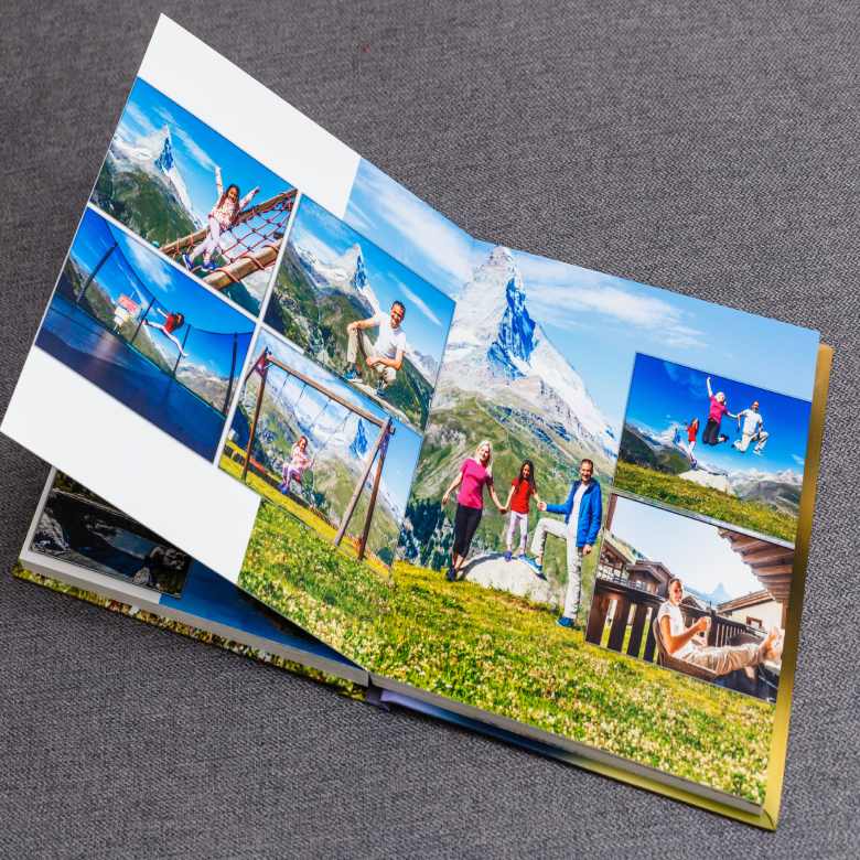 A photo book with pictures of people on a mountain.