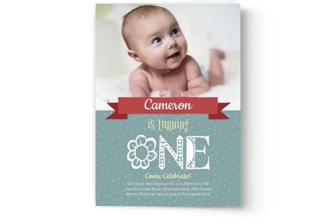 A Create & Print Kid's Photo Birthday Party Invitations design featuring a photo of a smiling baby named Cameron. (Brand Name: Photo Book Press)