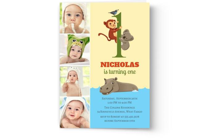A birthday invitation featuring multiple photos of a baby, with playful animal illustrations and details of the event celebrating Nicholas's first birthday through Photo Book Press's Create & Print Kid's Photo Birthday Party Invitations custom template designs.