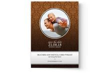 A custom printed Save the Date card in brown and white with an image of a man and a woman, created by Photo Book Press.