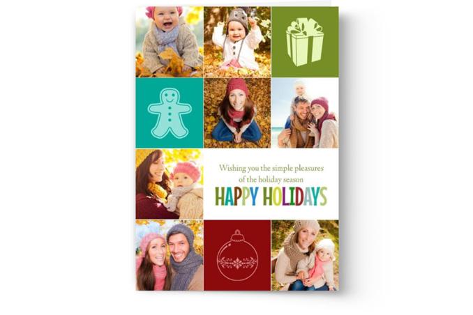 A personalized Christmas card collage from Photo Book Press, featuring various images of smiling people, festive icons, and a message wishing the joys of the holiday season.