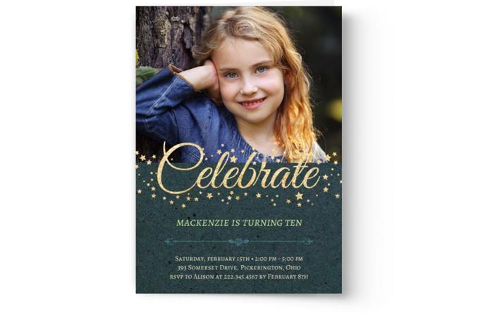 A birthday invitation featuring a smiling young girl with the word "celebrate" and details for a 10th birthday party, using one of Photo Book Press's Create & Print Kid's Photo Birthday Party Invitations.