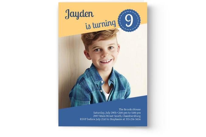 A birthday invitation card announcing Jayden's 9th birthday celebration with Photo Book Press' Create & Print Kid's Photo Birthday Party Invitations | Custom Invitations.