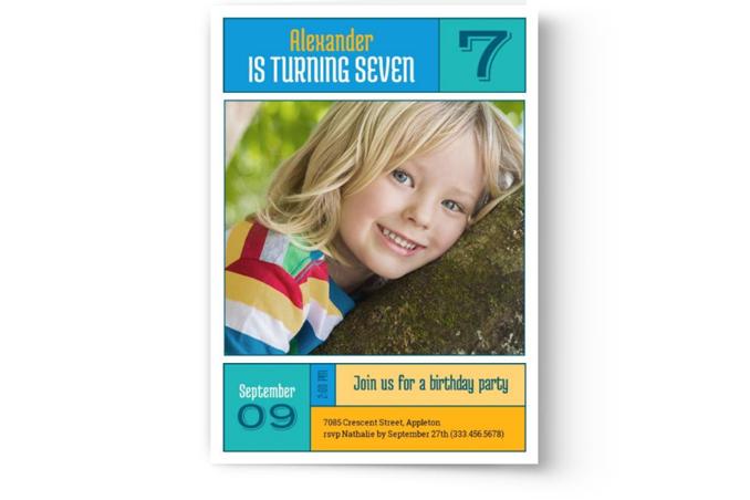 A colorful birthday party invitation featuring a smiling young child, announcing Alexander's seventh birthday with Photo Book Press's Create & Print Kid's Photo Birthday Party Invitations and event details included.