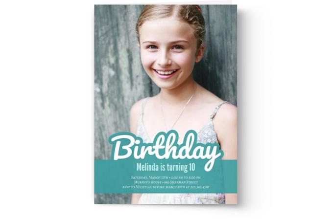 A birthday invitation featuring a smiling young girl with text announcing her 10th birthday celebration, designed from Photo Book Press's Create & Print Kid's Photo Birthday Party Invitations.