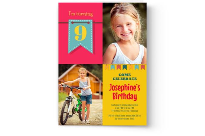 Create & Print Kid's Photo Birthday Party Invitations by Photo Book Press featuring a photo of Josephine smiling with her bicycle as she turns 9.