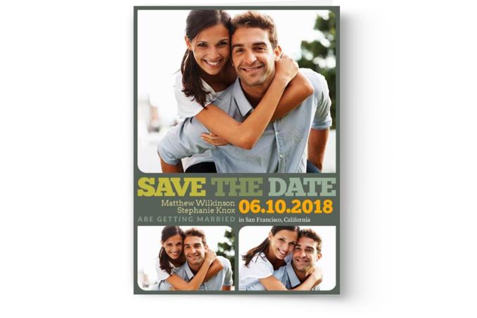 A man carrying a woman, captured in a custom printed photo for their Photo Book Press Save the Date Cards.