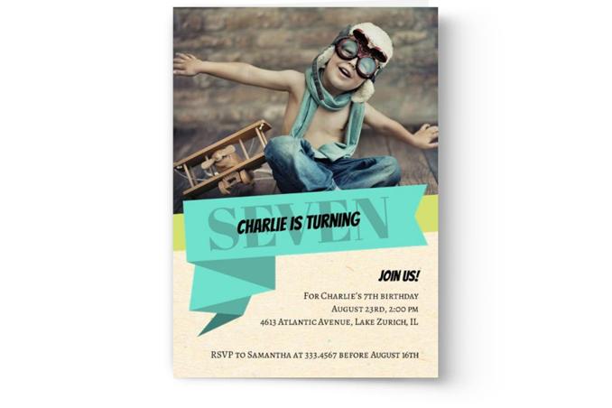 Create & Print Kid's Photo Birthday Party Invitations from Photo Book Press for Charlie's 7th birthday party featuring a joyful kid wearing pilot goggles and a scarf.