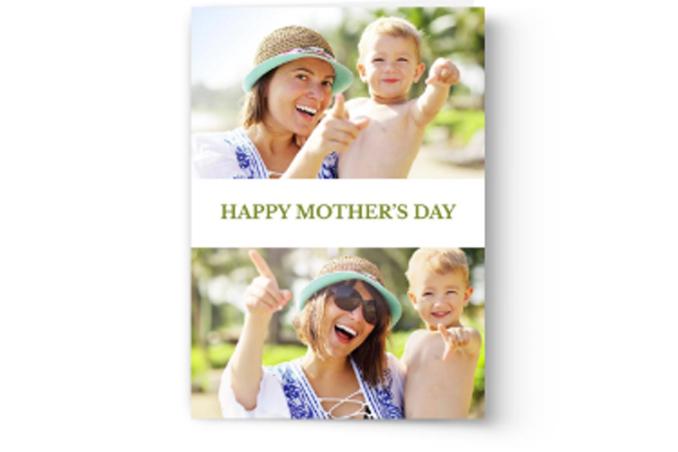 A mother and her child enjoying time together outdoors with Photo Book Press's Design & Print Custom Photo Mother's Day Cards, wishing a "Happy Mother’s Day" on their Mother’s Day card.