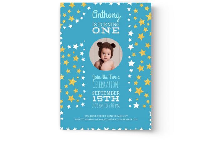 First birthday invitation with a blue and yellow star design from our custom template, featuring a photo of your baby for Photo Book Press's Create & Print Kid's Photo Birthday Party Invitations.