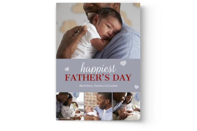A personalized Father's Day card featuring a photo collage of a man embracing a newborn and spending time with family can be created and printed using the Create & Print Custom Photo Father's Day Cards from Photo Book Press.