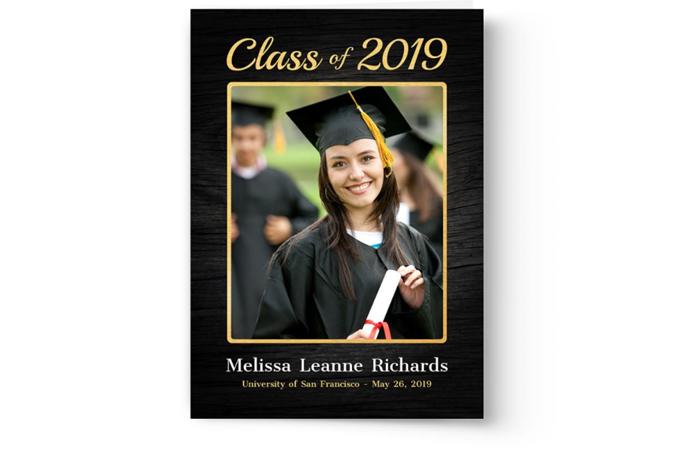 A photo of a woman in a graduation cap and gown for Photo Book Press's Graduation Announcement Cards & Invitation | Custom Printed Invitation.