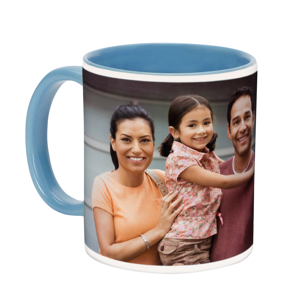 A blue Colorful Ceramic Photo Mug with a colorful handle and a family photo on it by Fuji Personalized Photo Products.