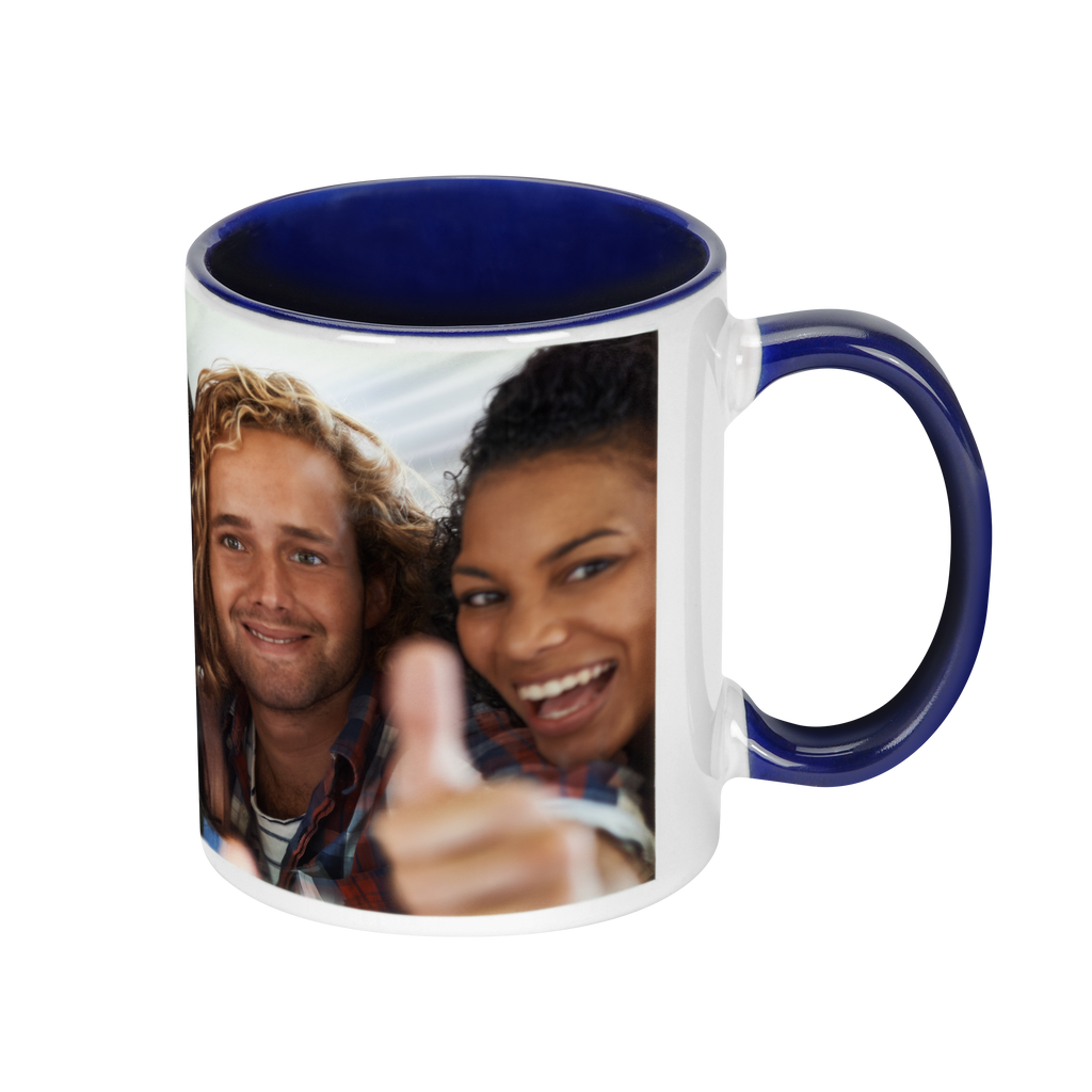 A microwave safe Colorful Ceramic Photo Mug with a picture of a woman and a man giving a thumbs up from Fuji Personalized Photo Products.