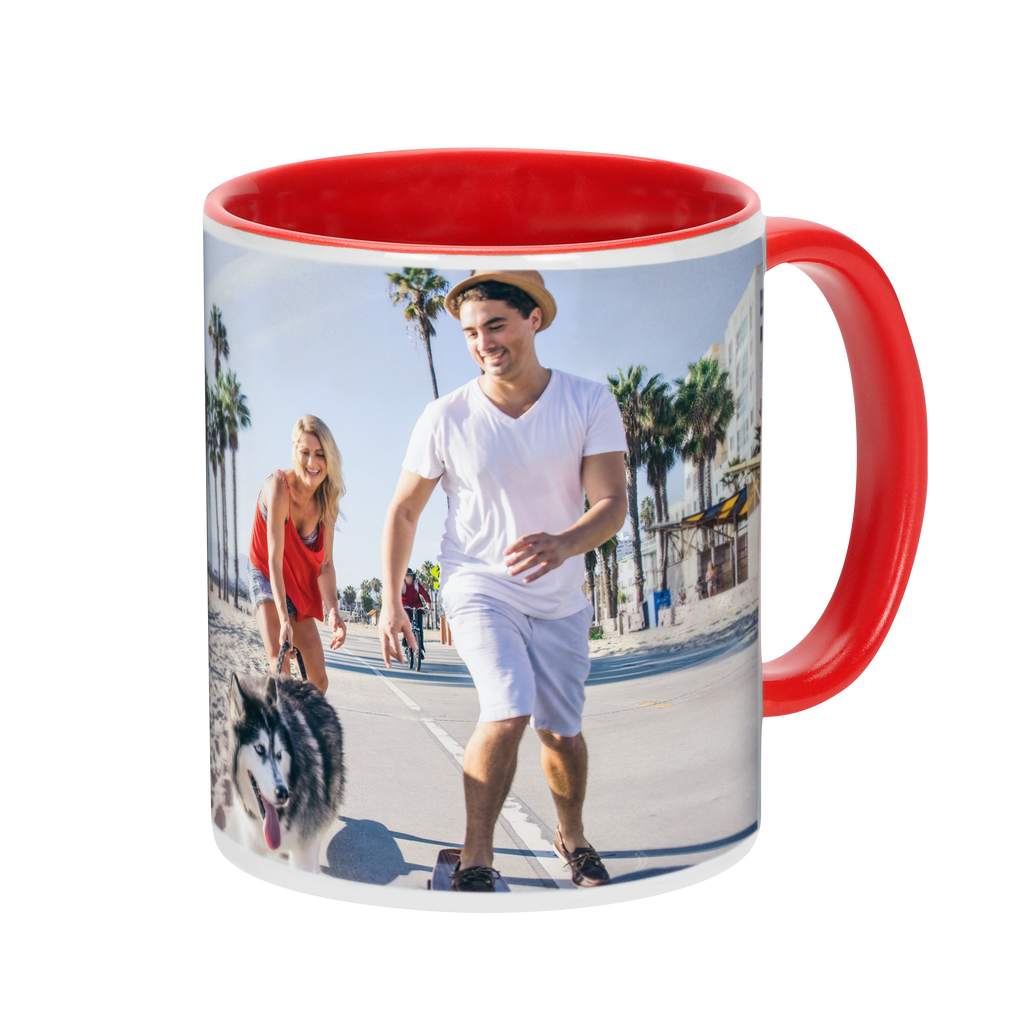A red Colorful Ceramic Photo Mug from Fuji Personalized Photo Products, featuring a photo of a man and a dog and a colorful handle.