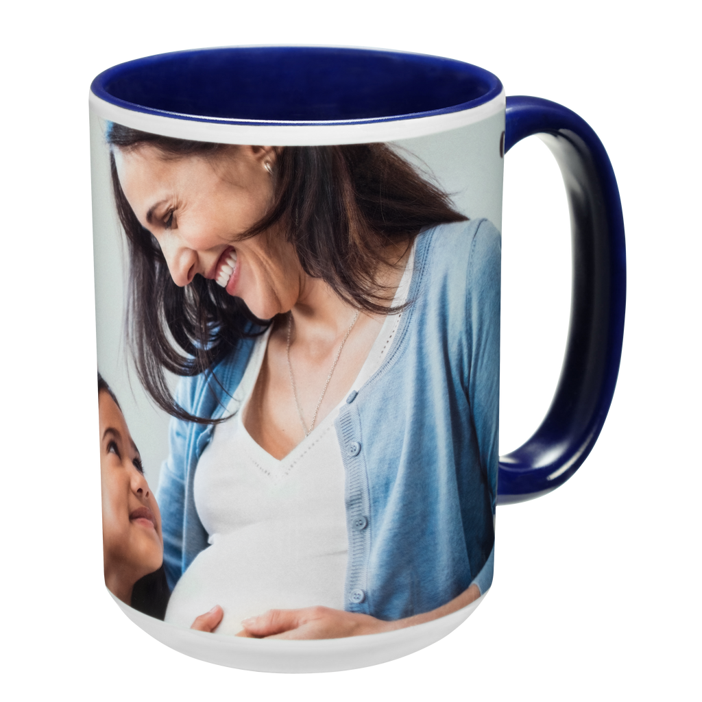 A blue Colorful Ceramic Photo Mug from Fuji Personalized Photo Products with a photo of a pregnant woman and a child, featuring a colorful handle.