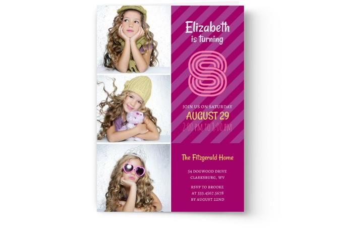 A Photo Book Press kid’s birthday party invitation featuring multiple poses of a young girl, with event details on a pink and purple background.